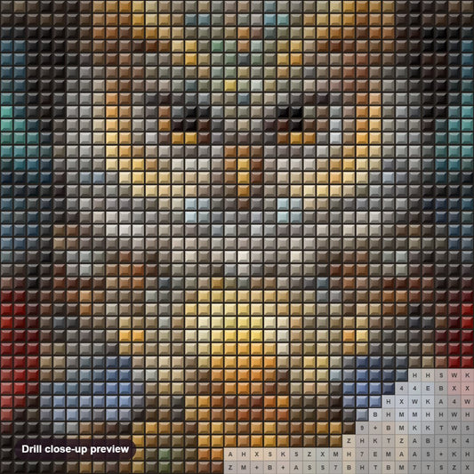 Close-up preview of the Fractal Owl With Colorful Feathers diamond painting with square 5D drills and printed canvas symbols
