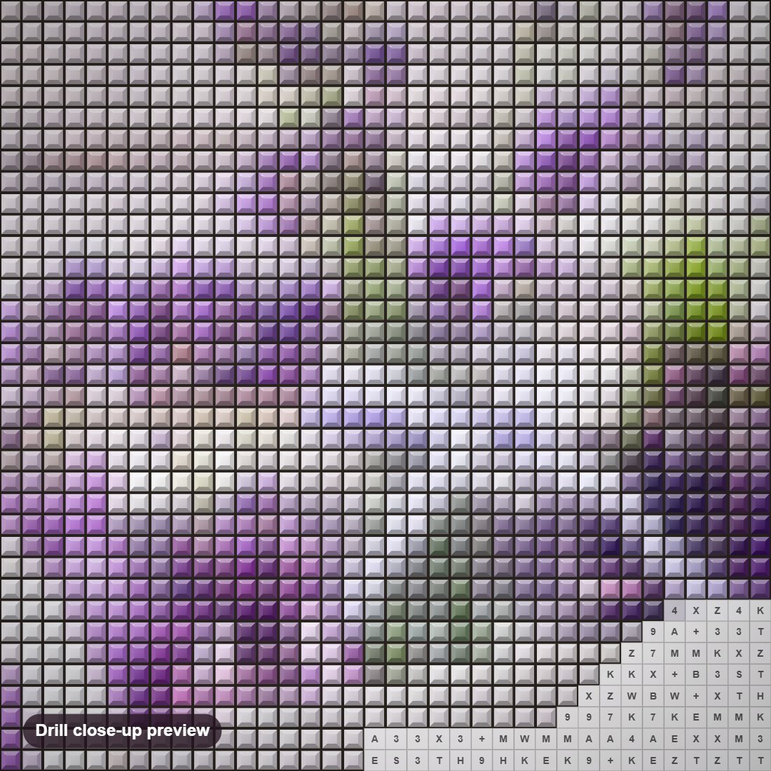 Close-up preview of the Fresh Lavenders diamond painting with square 5D drills and printed canvas symbols