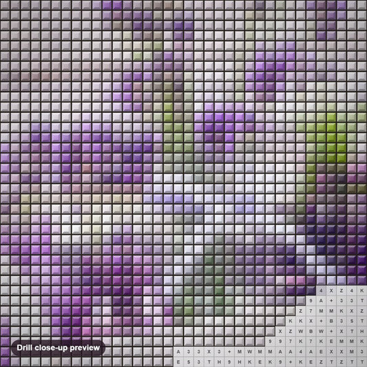 Close-up preview of the Fresh Lavenders diamond painting with square 5D drills and printed canvas symbols