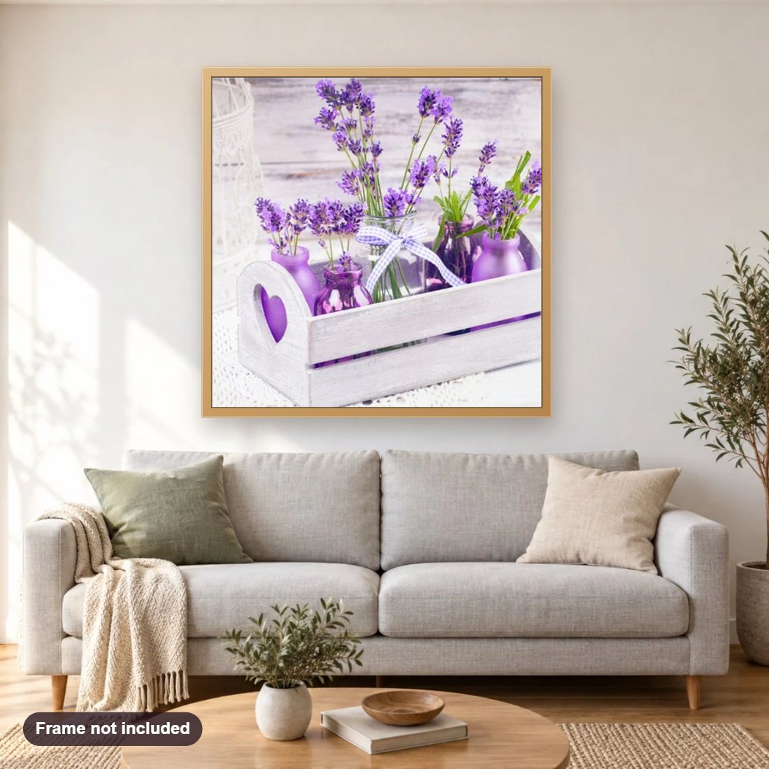 Fresh Lavenders diamond painting shown framed on a living room wall above a sofa