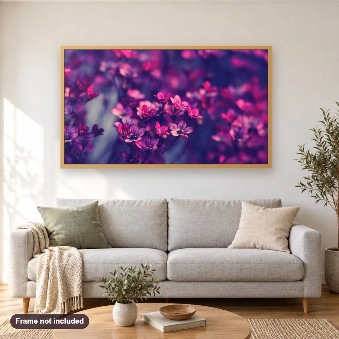 Fresh Purple Flowers diamond painting shown framed on a living room wall above a sofa