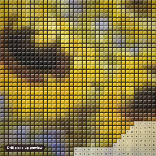 Close-up preview of the Fresh Sunflowers diamond painting with square 5D drills and printed canvas symbols
