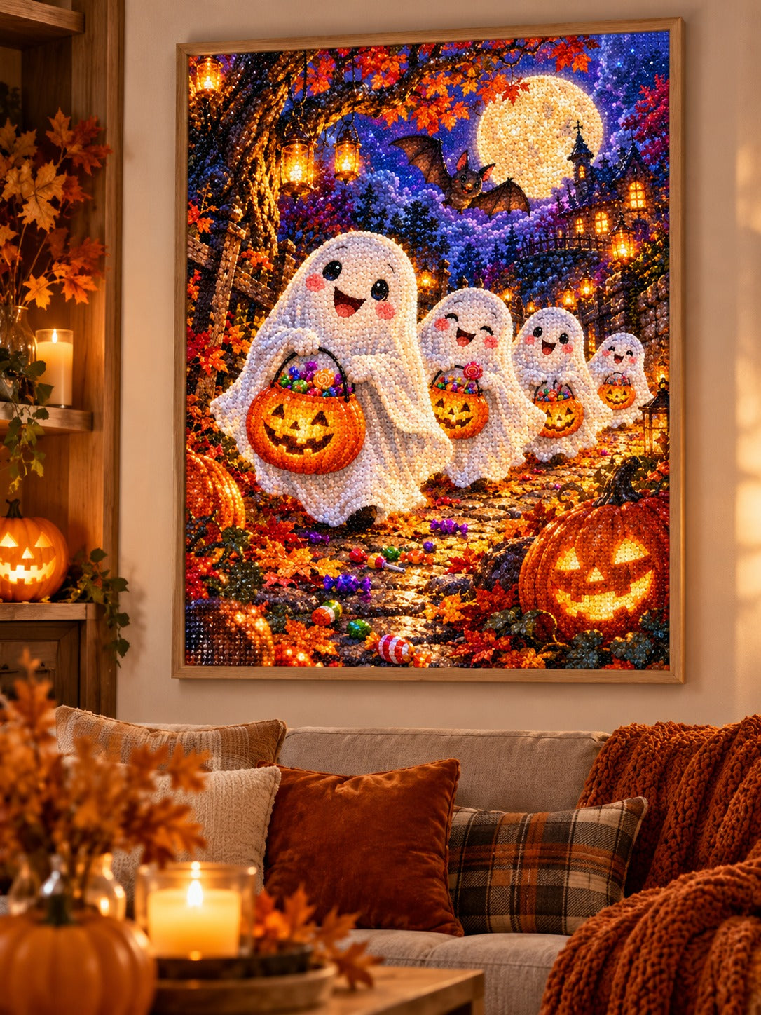 Finished cute friendly ghosts trick-or-treating under the moon diamond painting in a light oak frame hanging in a cozy living room decorated for autumn and Halloween