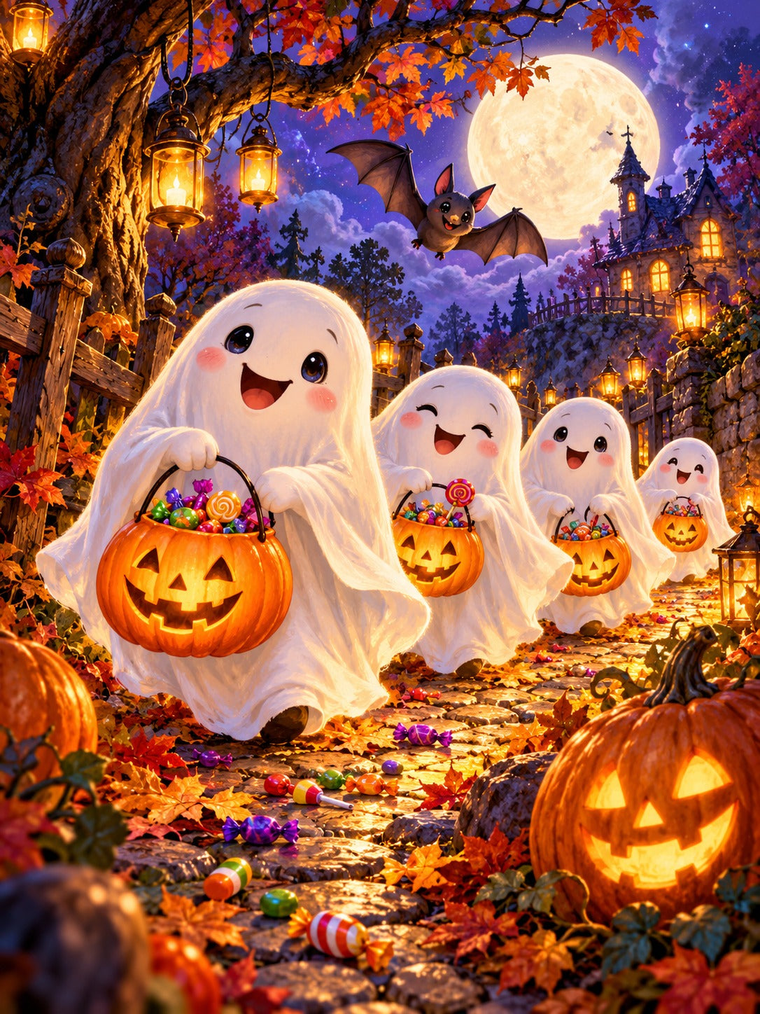 Cute friendly ghosts trick-or-treating under the moon, Halloween diamond painting kit by All Diamond Painting
