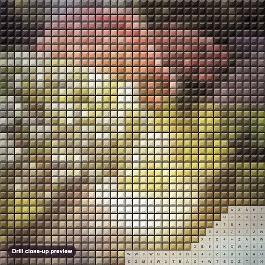 Close-up preview of the Friendship Garden diamond painting with square 5D drills and printed canvas symbols