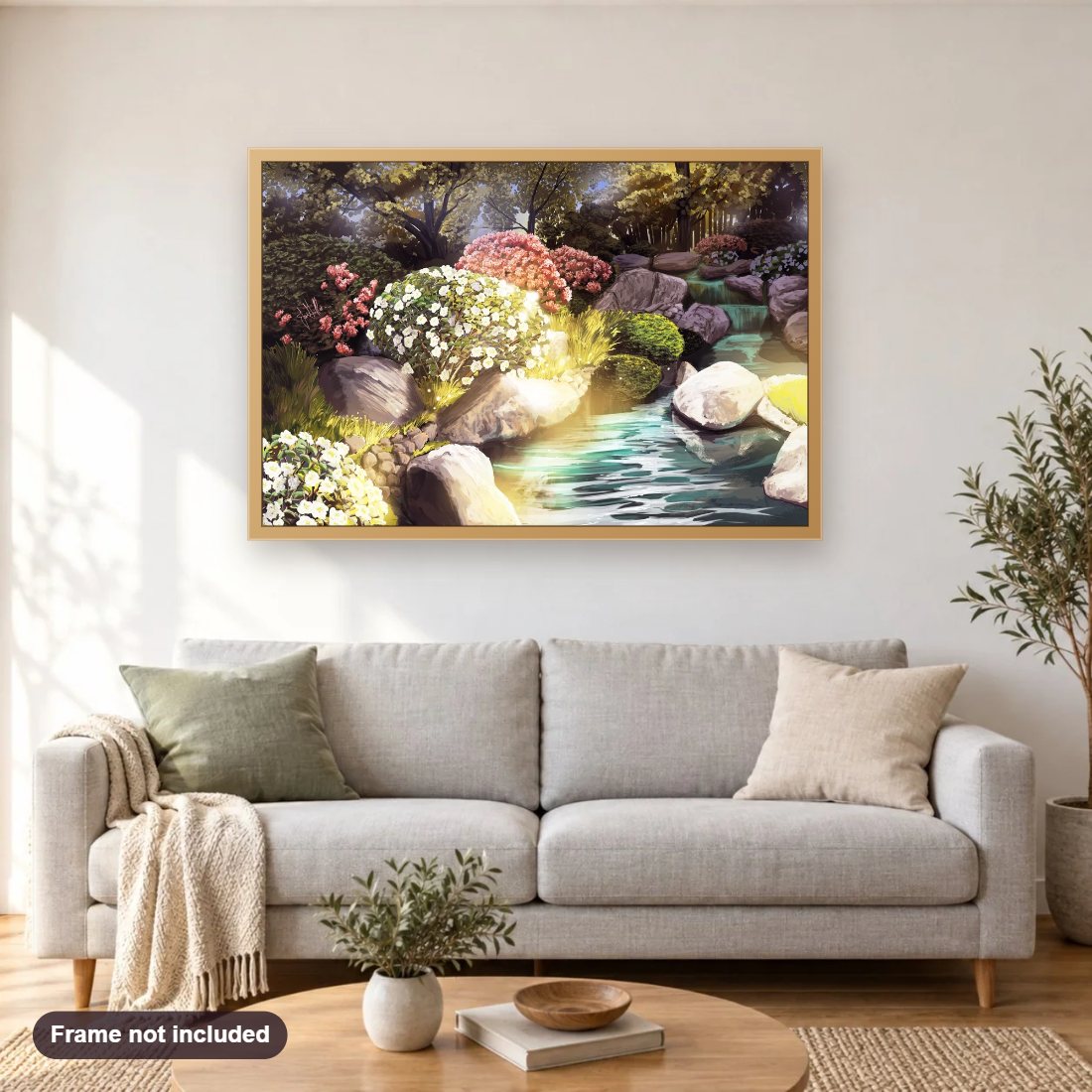 Friendship Garden diamond painting shown framed on a living room wall above a sofa