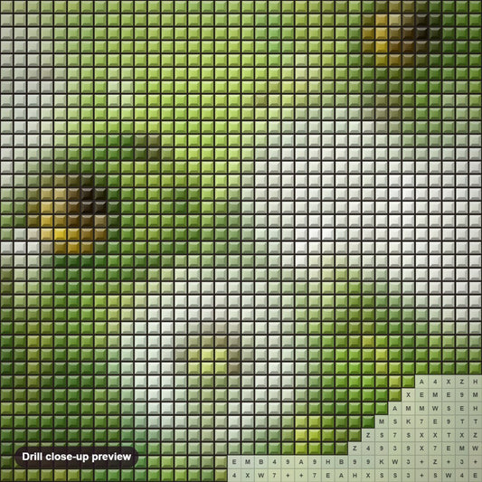 Close-up preview of the Frogs & Dandelions diamond painting with square 5D drills and printed canvas symbols