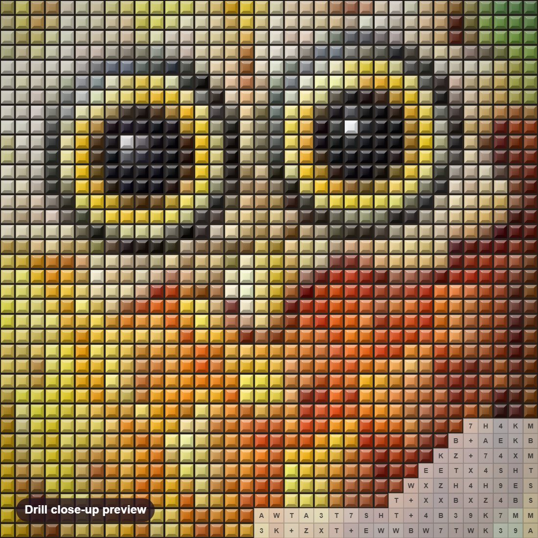 Close-up preview of the Fruit Carvings of Owl diamond painting with square 5D drills and printed canvas symbols