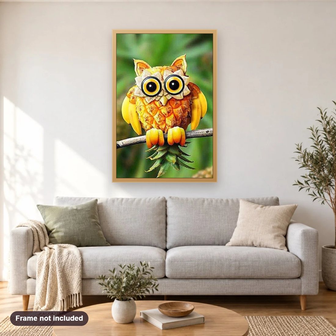 Fruit Carvings of Owl diamond painting shown framed on a living room wall above a sofa