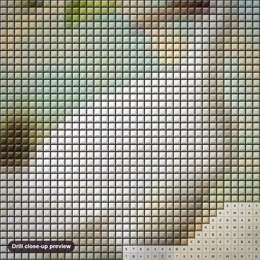 Close-up preview of the Fujian White Crane diamond painting with square 5D drills and printed canvas symbols
