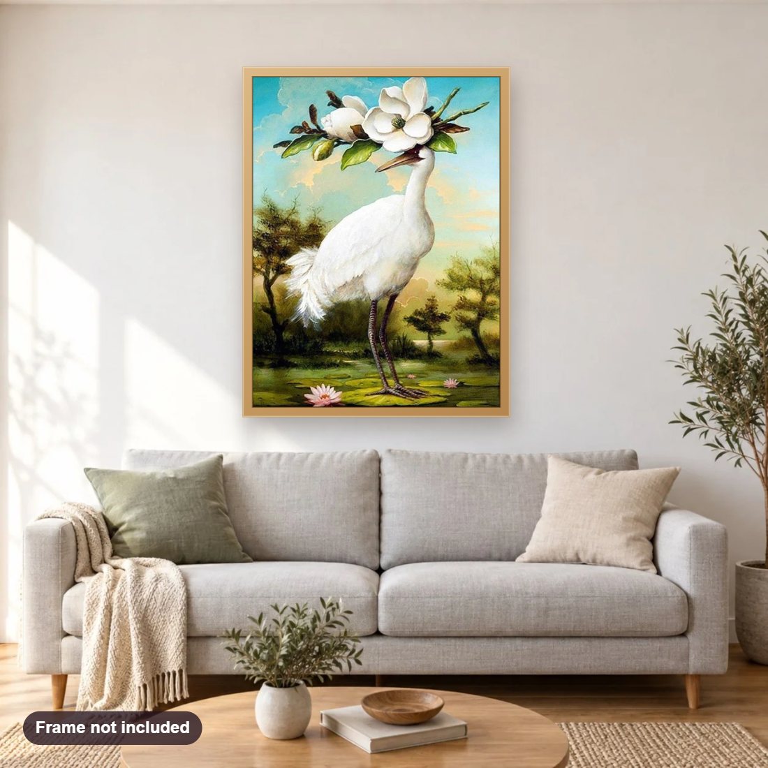 Fujian White Crane diamond painting shown framed on a living room wall above a sofa