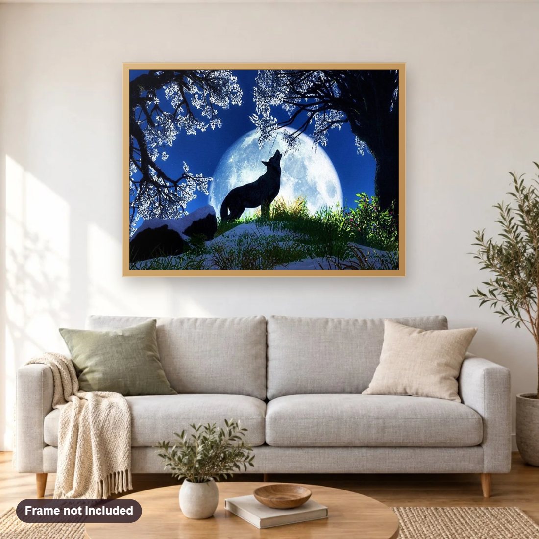 Full Moon & Howling Wolf diamond painting shown framed on a living room wall above a sofa