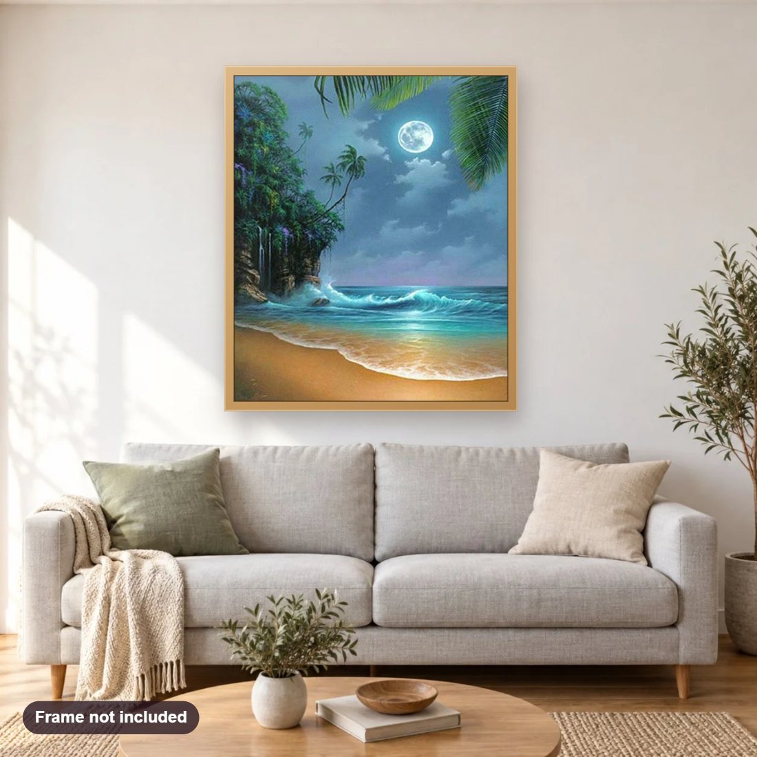 Full Moon on the Beach diamond painting shown framed on a living room wall above a sofa