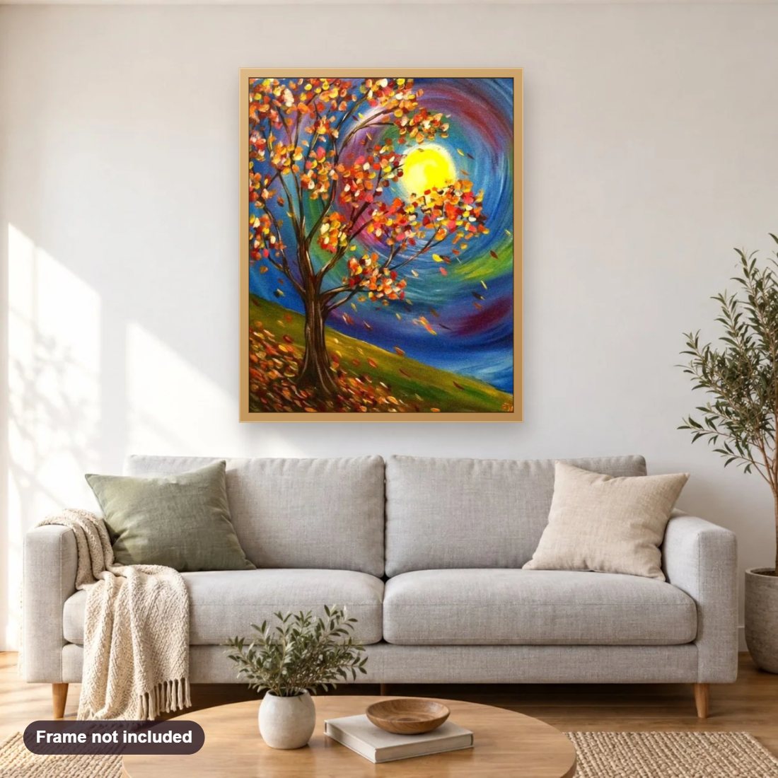Full Moon diamond painting shown framed on a living room wall above a sofa