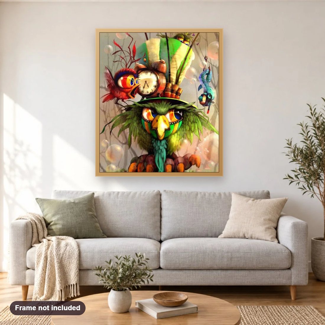 Funny Cartoon Birds diamond painting shown framed on a living room wall above a sofa