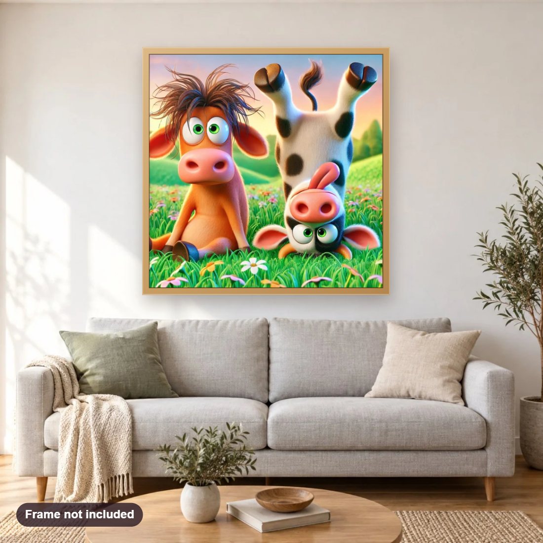 Funny Cows diamond painting shown framed on a living room wall above a sofa