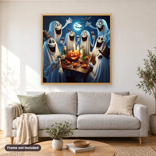 Funny Ghost Party diamond painting shown framed on a living room wall above a sofa