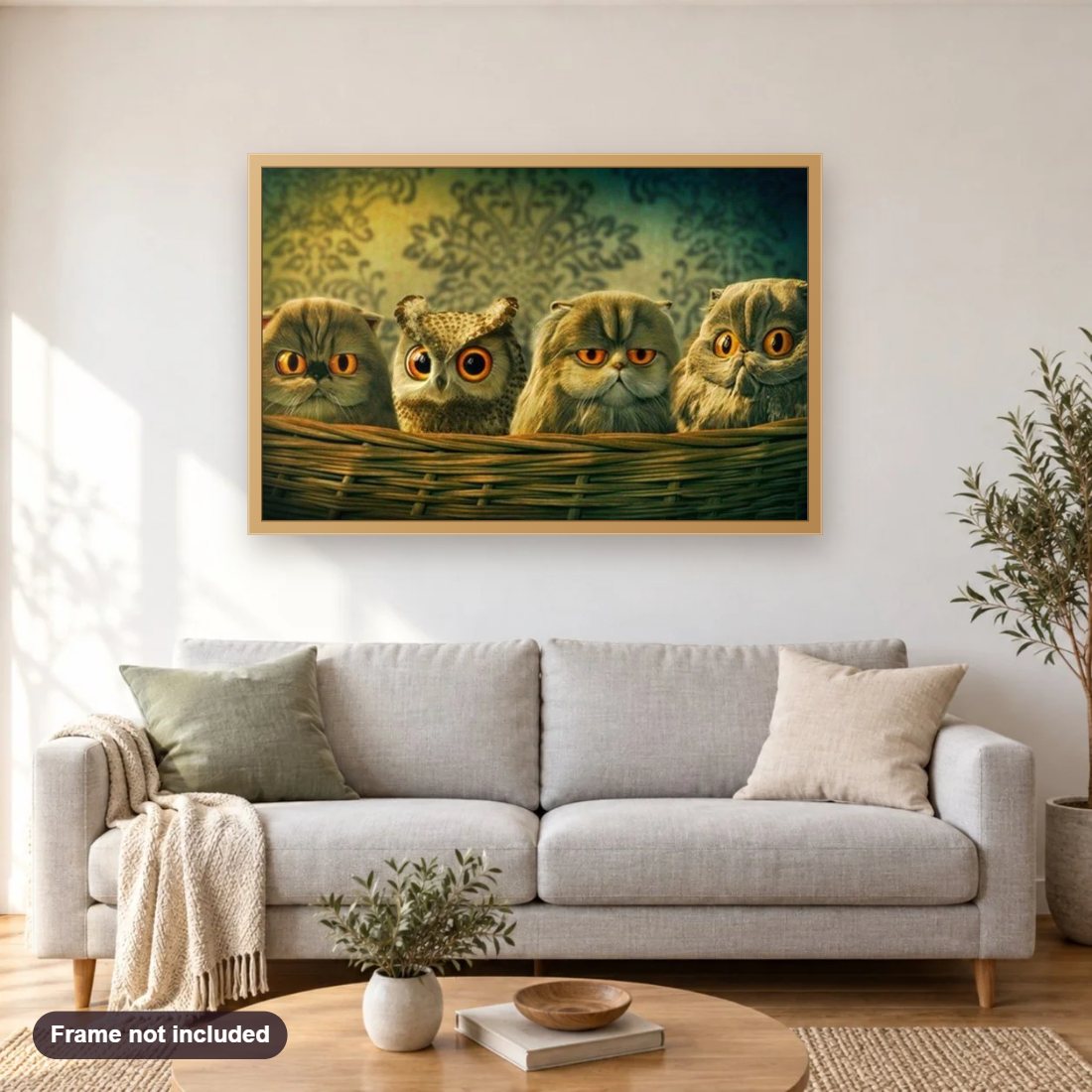 Funny Owl Basket diamond painting shown framed on a living room wall above a sofa