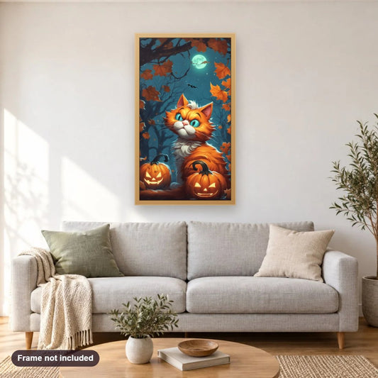 Furious Cat in Halloween Night diamond painting shown framed on a living room wall above a sofa
