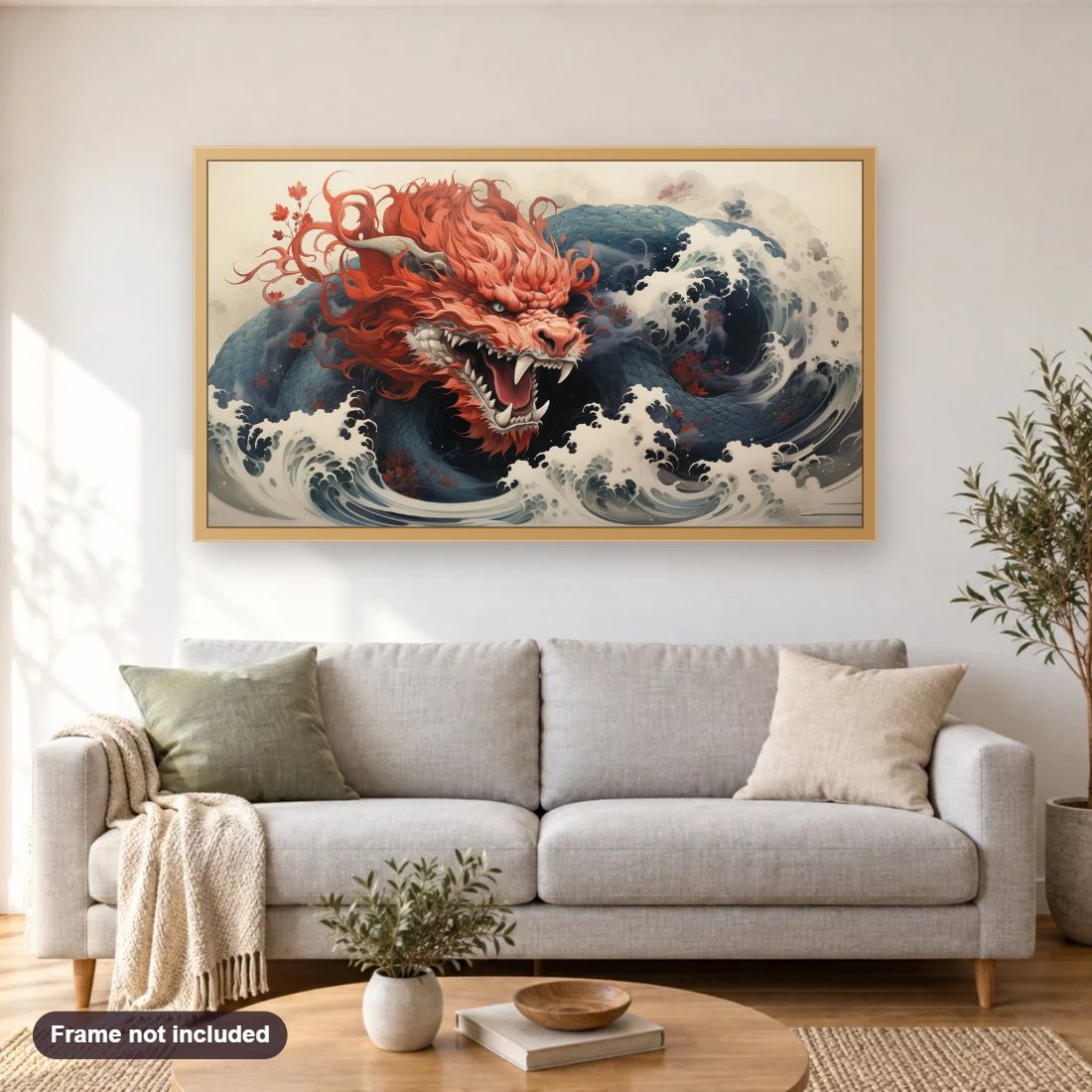 Furious Dragon diamond painting shown framed on a living room wall above a sofa