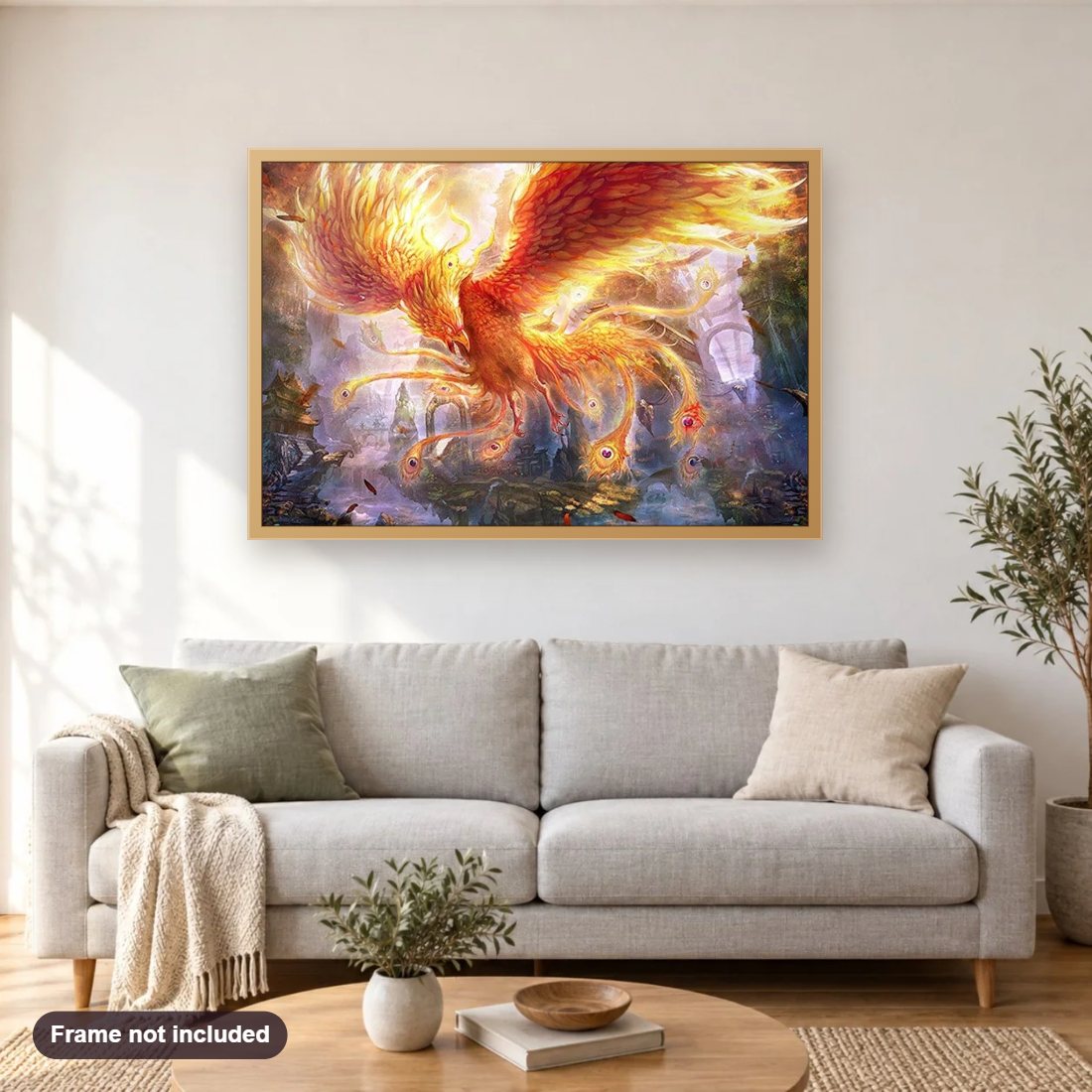 Furious Phoenix diamond painting shown framed on a living room wall above a sofa