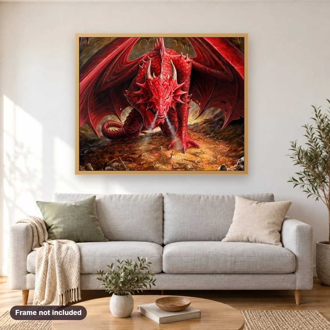 Furious Red Dragon diamond painting shown framed on a living room wall above a sofa