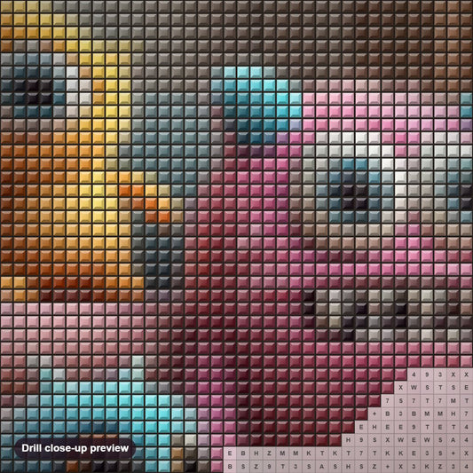 Close-up preview of the Furry Friends in an Epic Monster Tale diamond painting with square 5D drills and printed canvas symbols