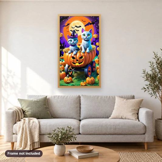 Furry Friends in Pumpkin Cart diamond painting shown framed on a living room wall above a sofa