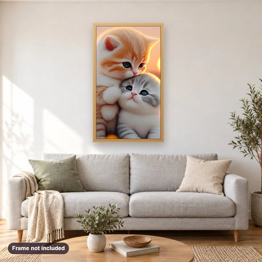 Furry Friends diamond painting shown framed on a living room wall above a sofa