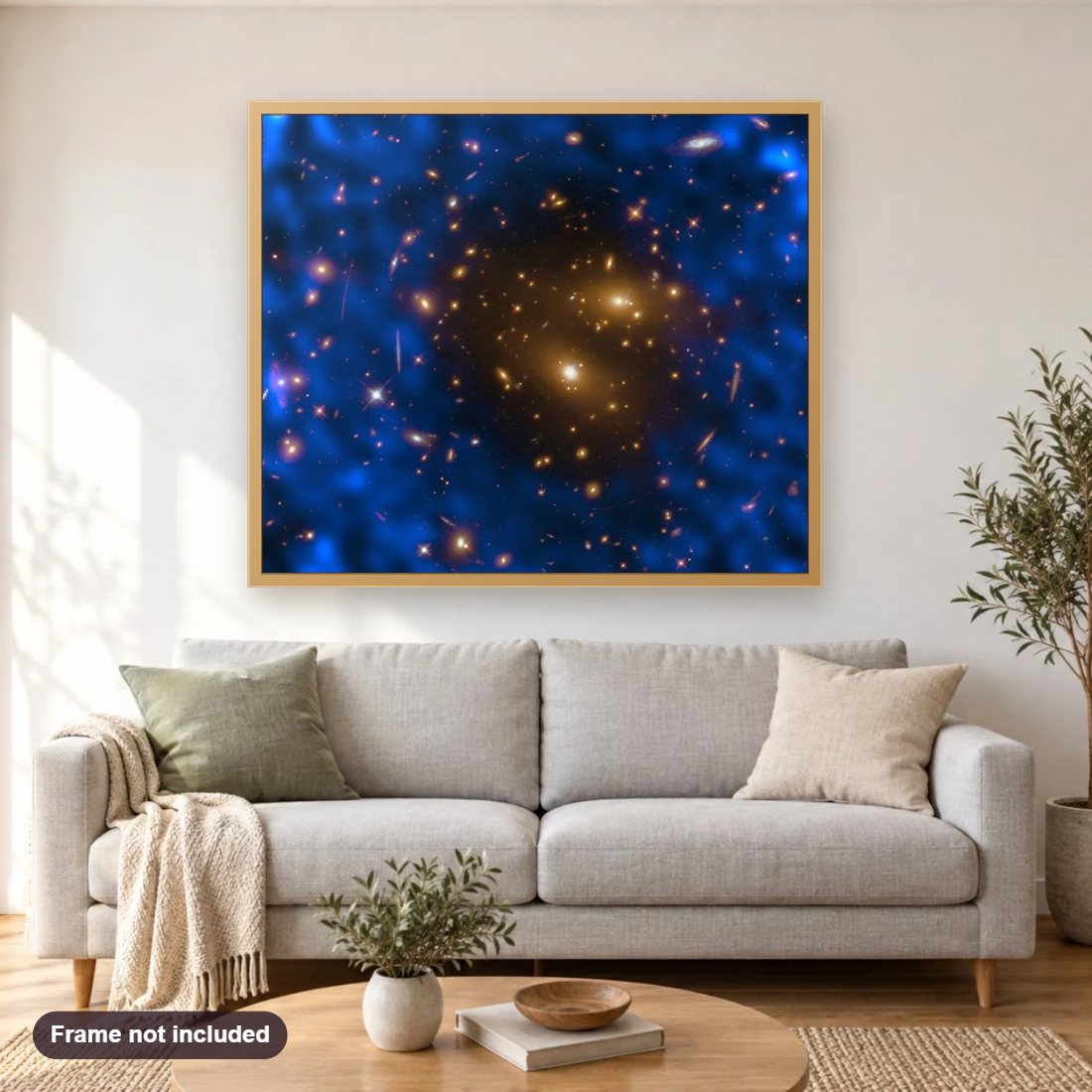 Galaxy Cluster and Cosmic Background diamond painting shown framed on a living room wall above a sofa