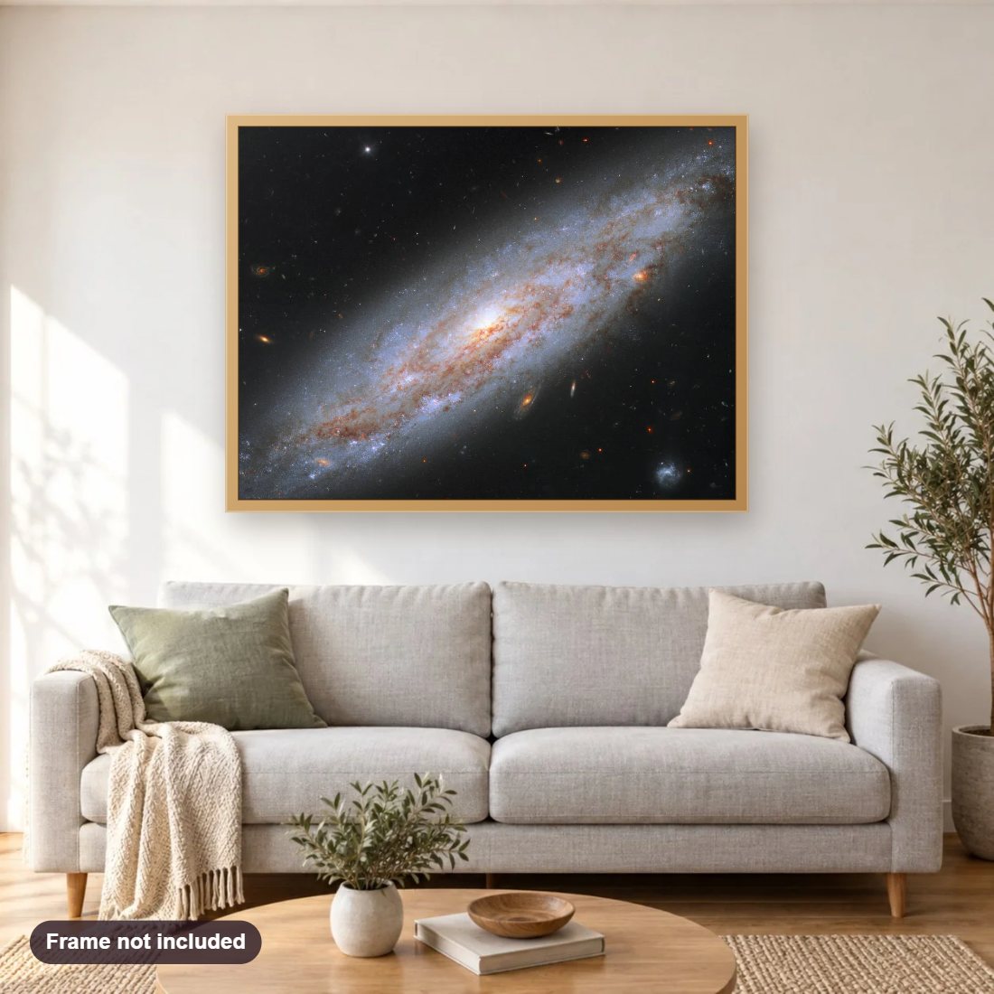 Galaxy Full of Cosmic Lighthouses diamond painting shown framed on a living room wall above a sofa