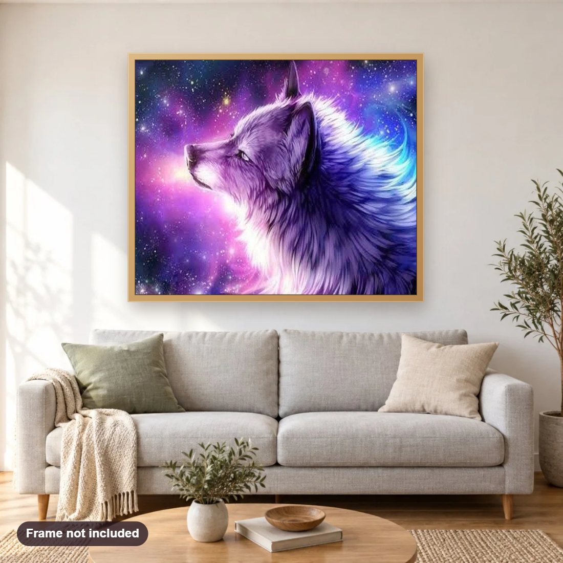 Galaxy Wolf diamond painting shown framed on a living room wall above a sofa