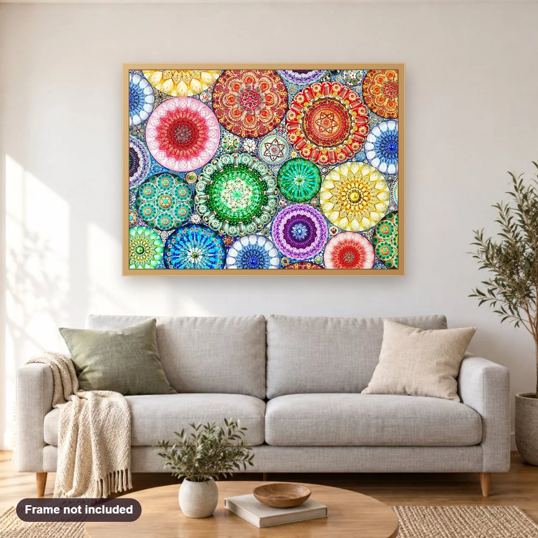 Galonz Faberge diamond painting shown framed on a living room wall above a sofa