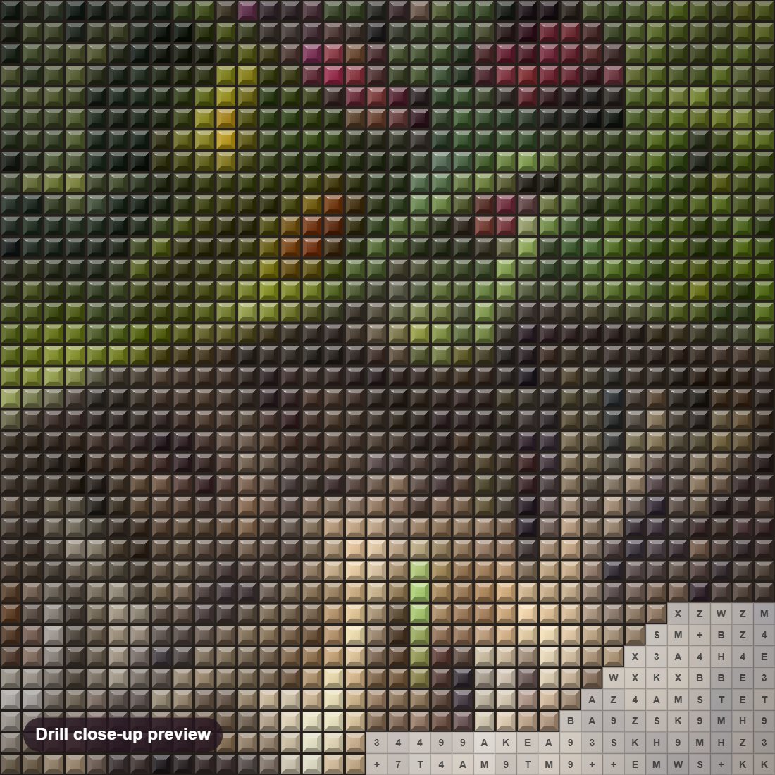Close-up preview of the Garden Cat diamond painting with square 5D drills and printed canvas symbols
