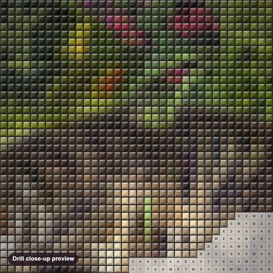 Close-up preview of the Garden Cat diamond painting with square 5D drills and printed canvas symbols