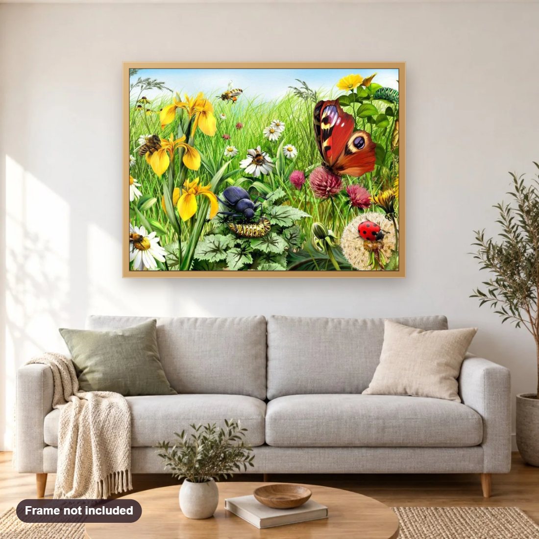 Garden with Insects diamond painting shown framed on a living room wall above a sofa