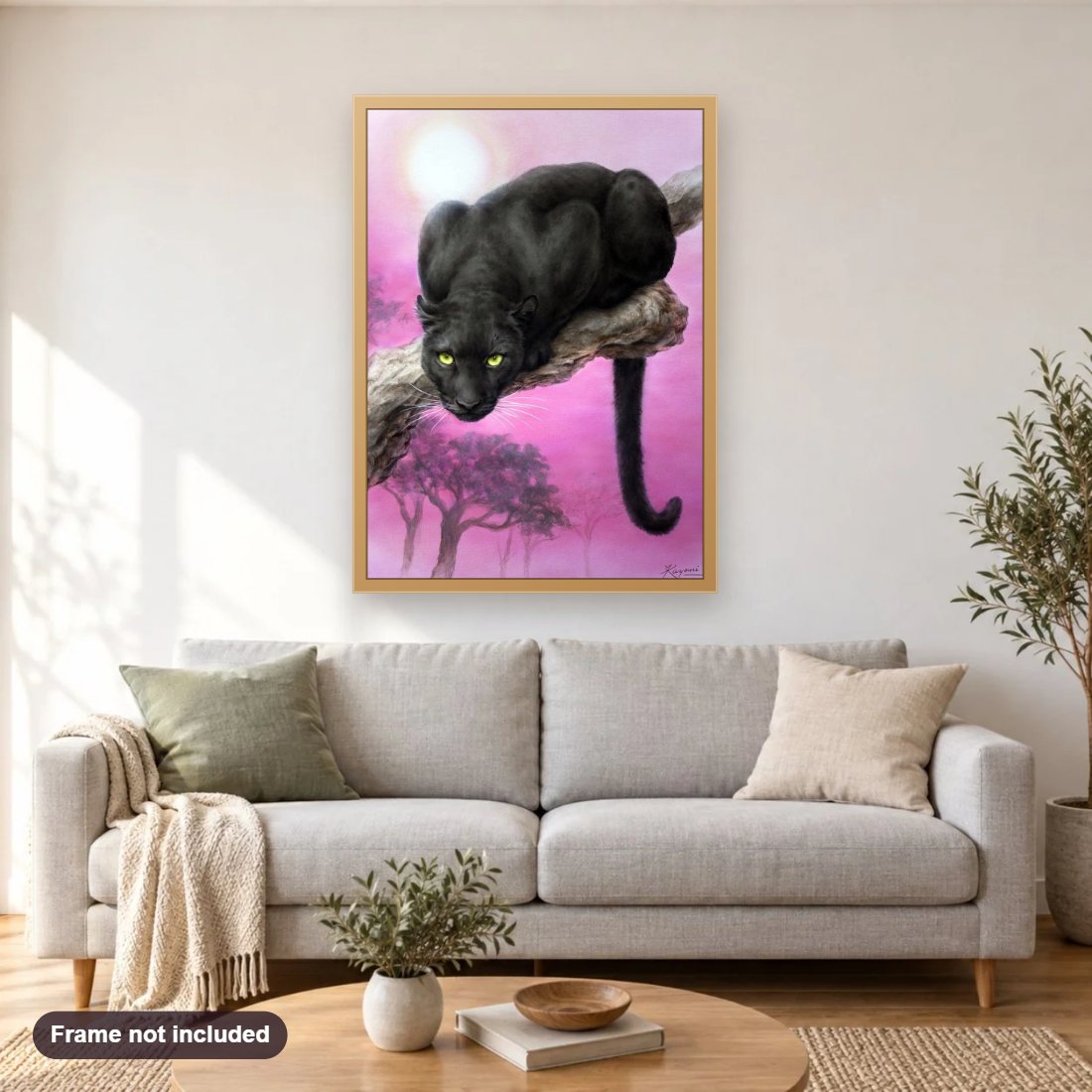 Gazing Black Panther diamond painting shown framed on a living room wall above a sofa