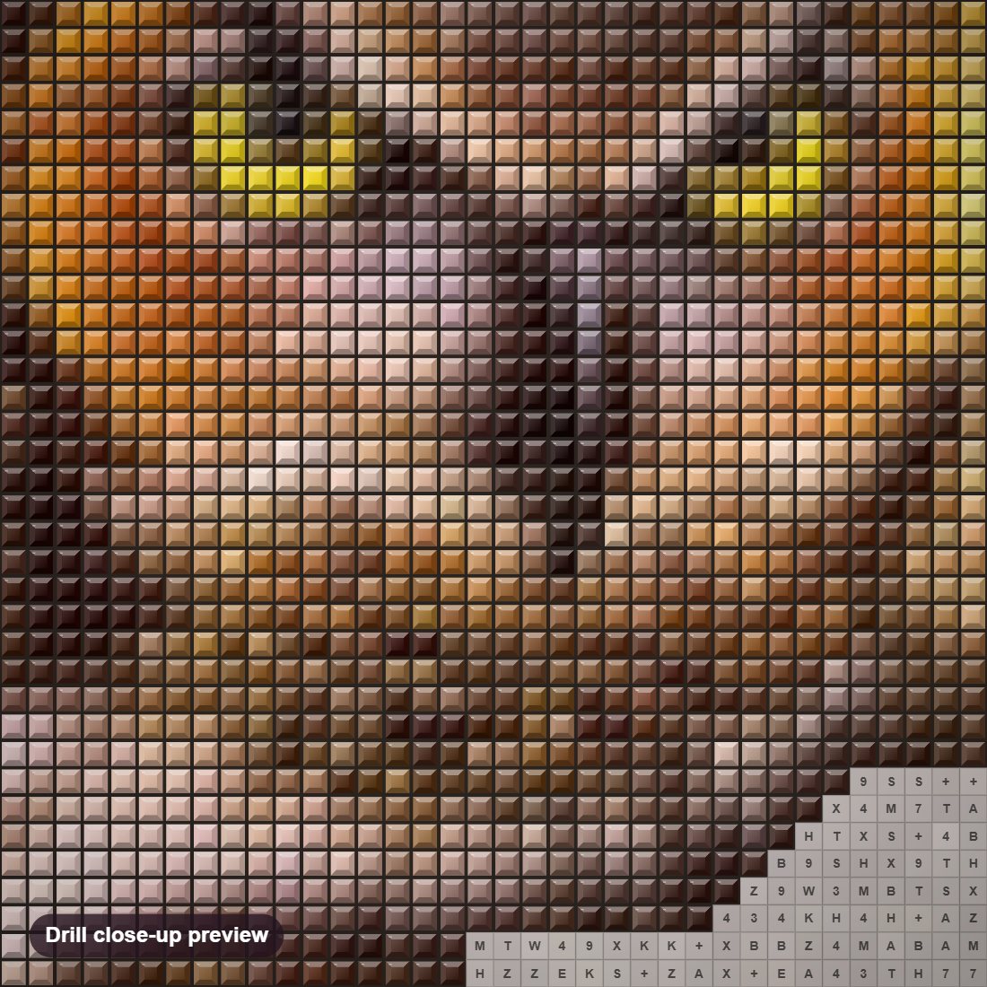 Close-up preview of the Gazing Owl diamond painting with square 5D drills and printed canvas symbols