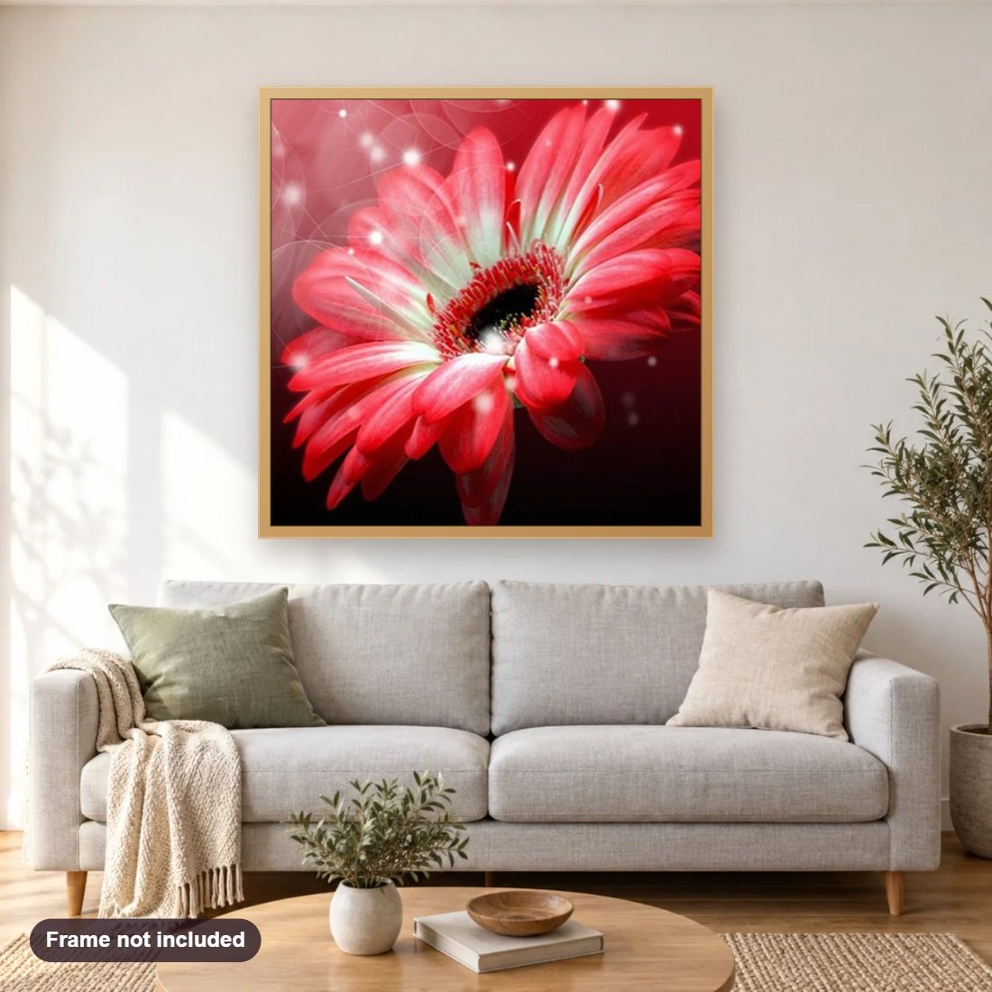Gerber Flower diamond painting shown framed on a living room wall above a sofa