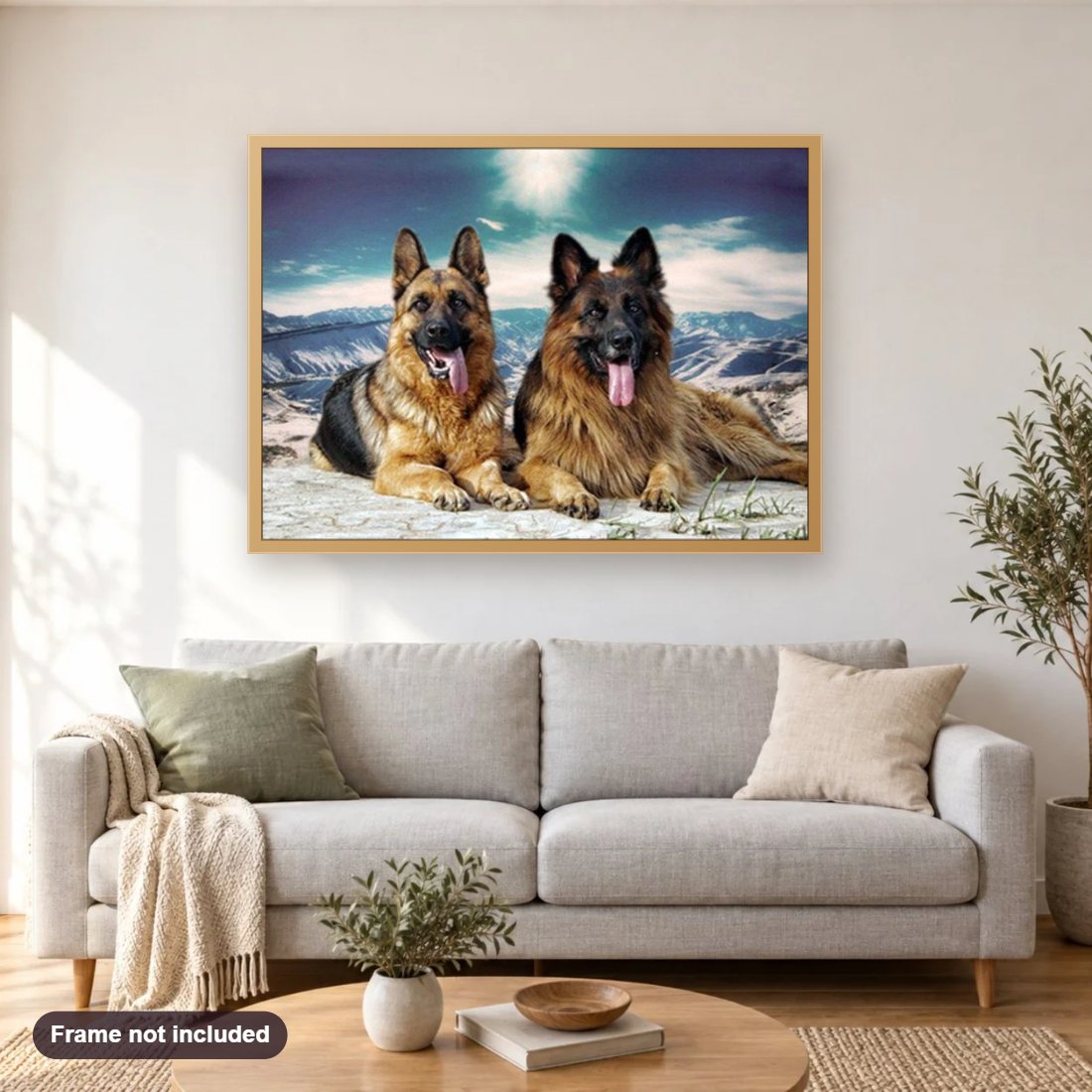 German Shepherd Dogs Pair diamond painting shown framed on a living room wall above a sofa