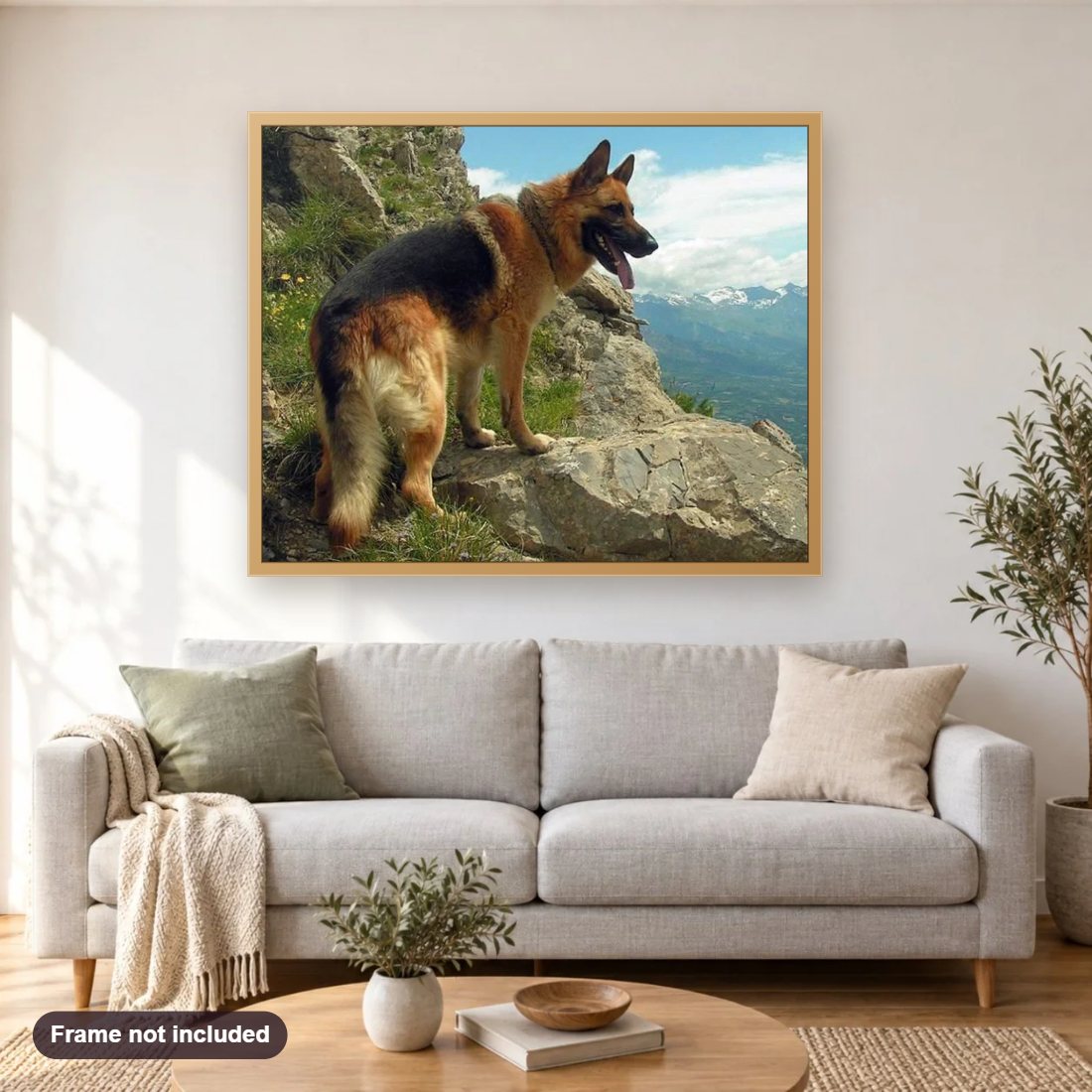 German Shepherd on the Mountains diamond painting shown framed on a living room wall above a sofa