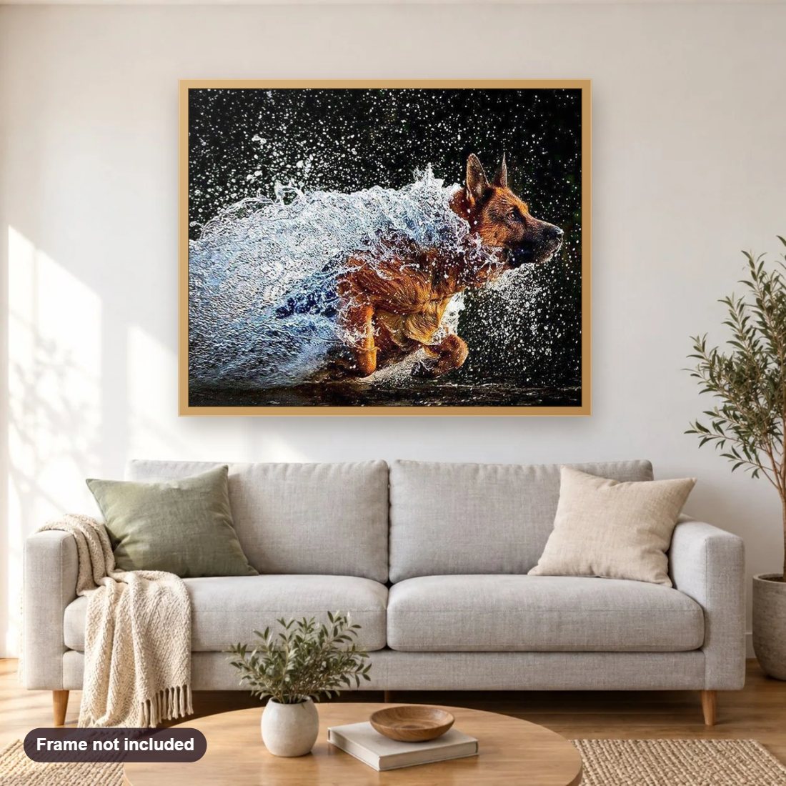 German Shepherd Running in Water diamond painting shown framed on a living room wall above a sofa