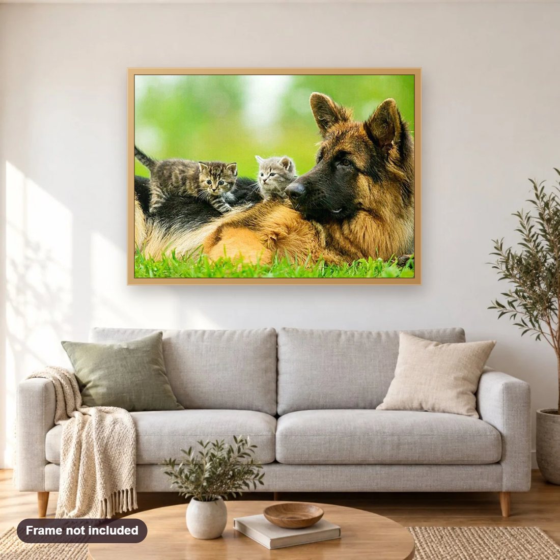 German Shepherd with Cute Kittens diamond painting shown framed on a living room wall above a sofa