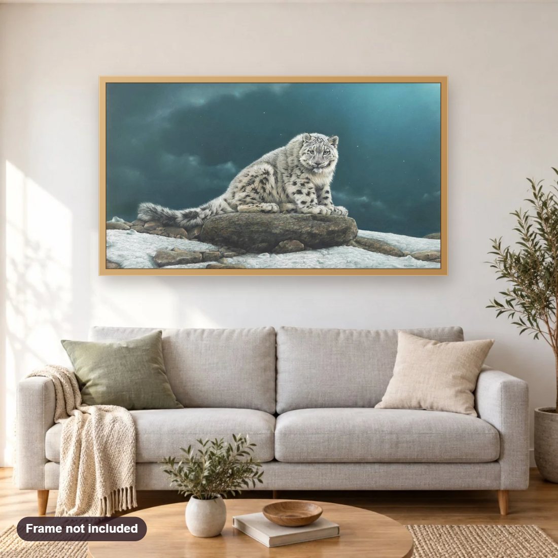 Ghost diamond painting shown framed on a living room wall above a sofa
