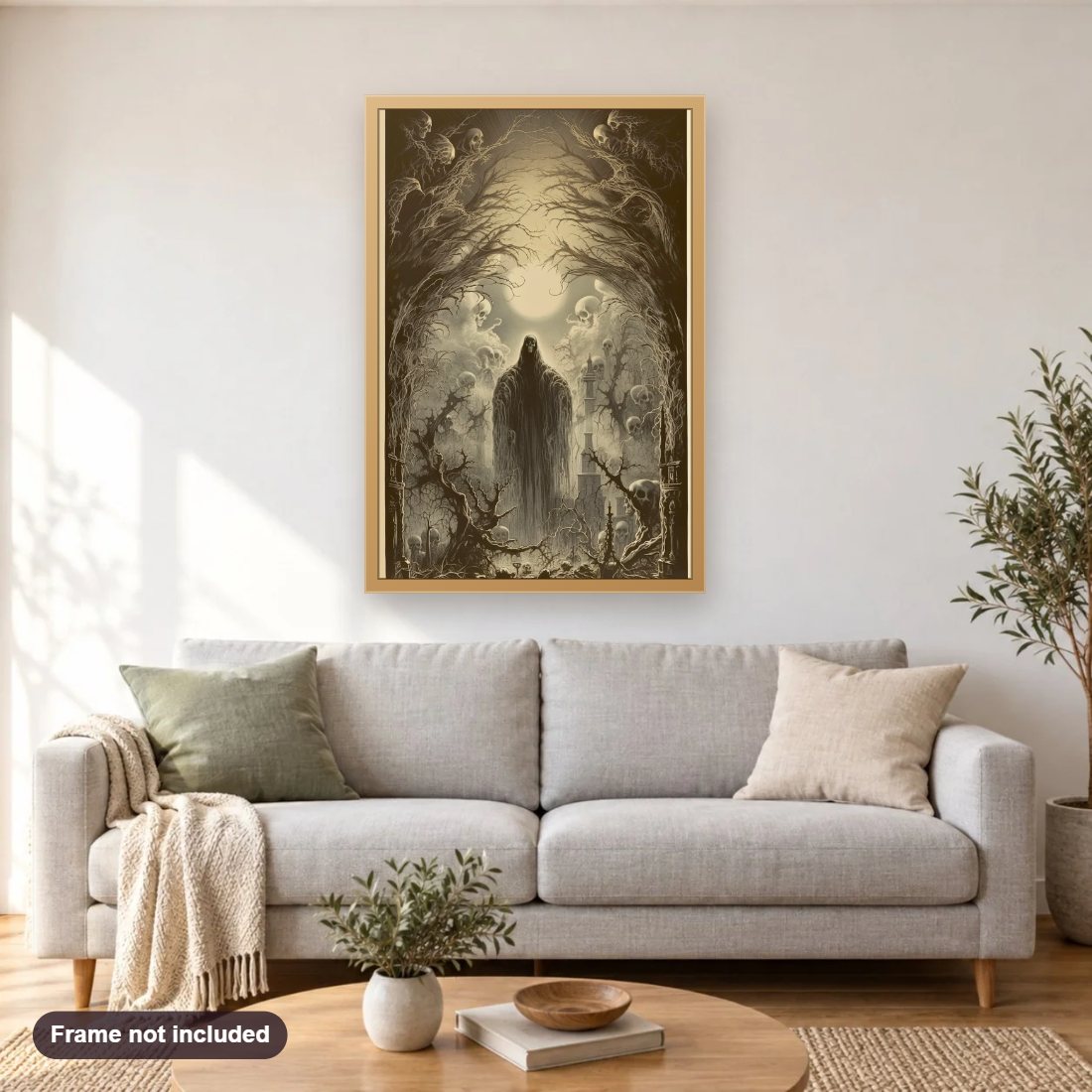 Ghostly Village diamond painting shown framed on a living room wall above a sofa