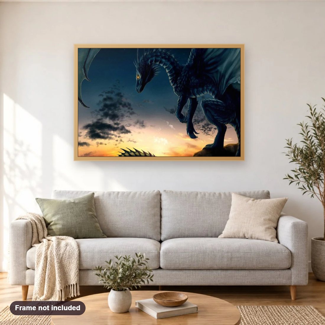 Giant Blue Dragon diamond painting shown framed on a living room wall above a sofa