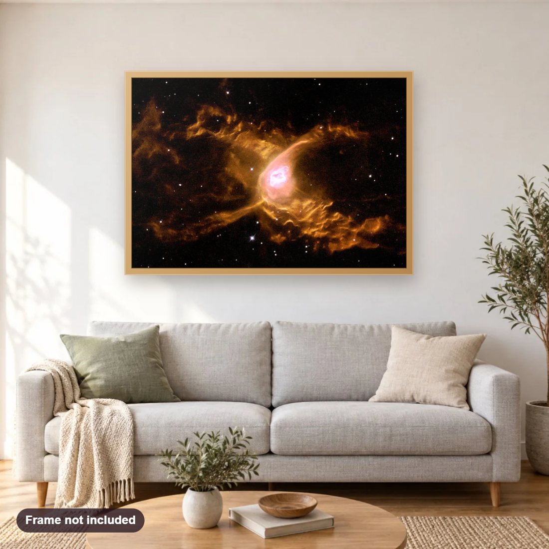 Web Spins into Giant Red Spider Nebula diamond painting shown framed on a living room wall above a sofa