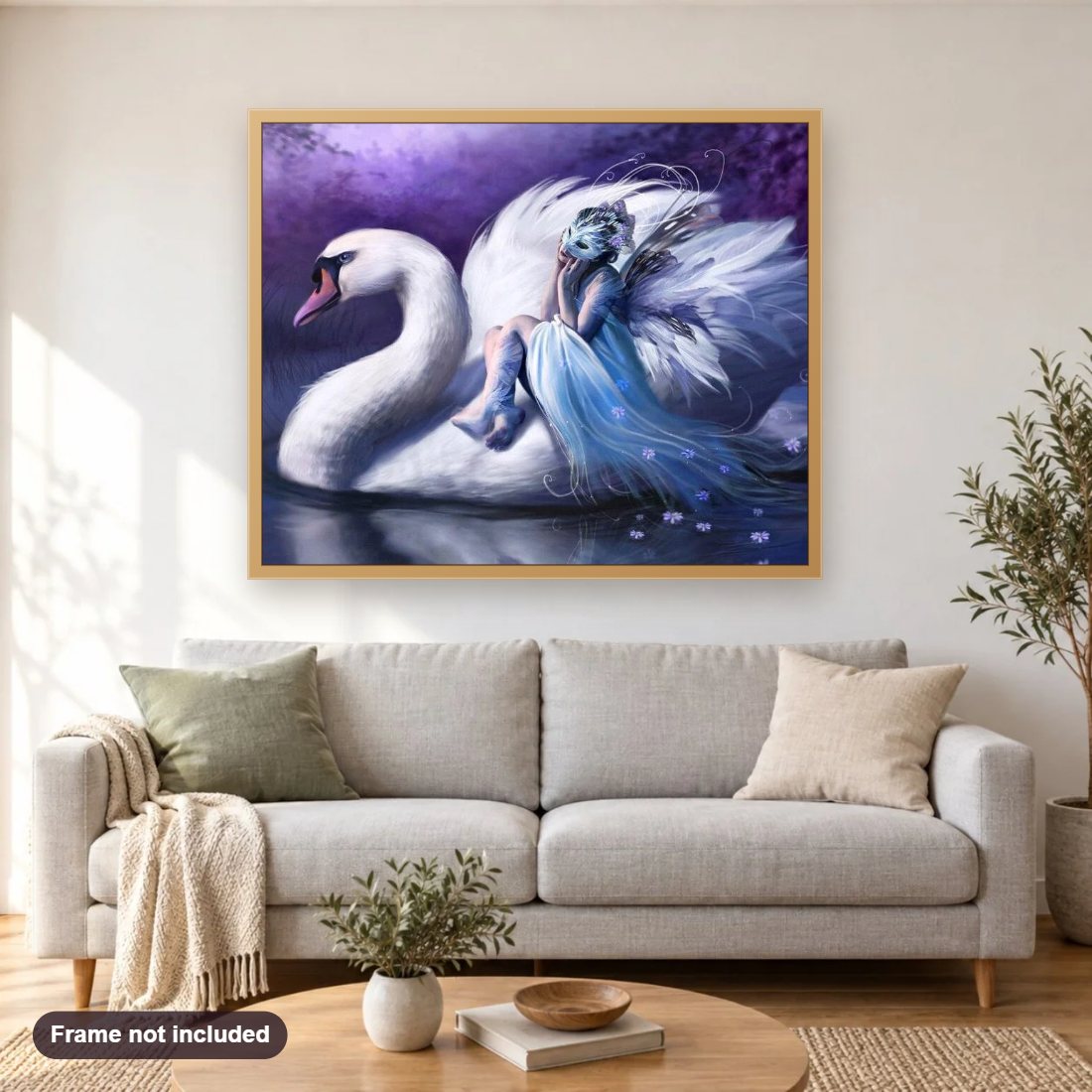 Giant Swan & Fairy diamond painting shown framed on a living room wall above a sofa