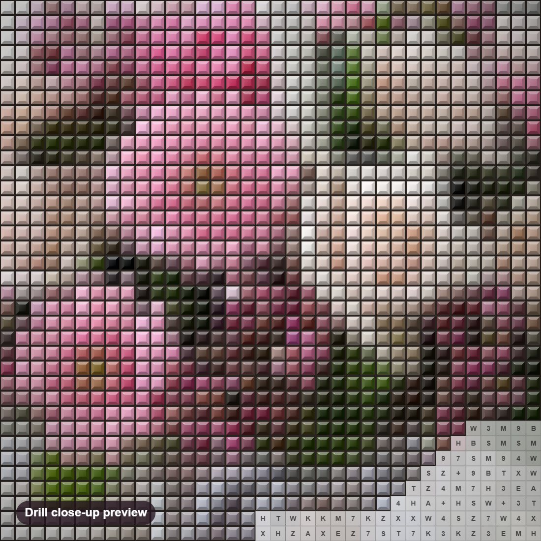 Close-up preview of the Gift Flowers Basket diamond painting with square 5D drills and printed canvas symbols