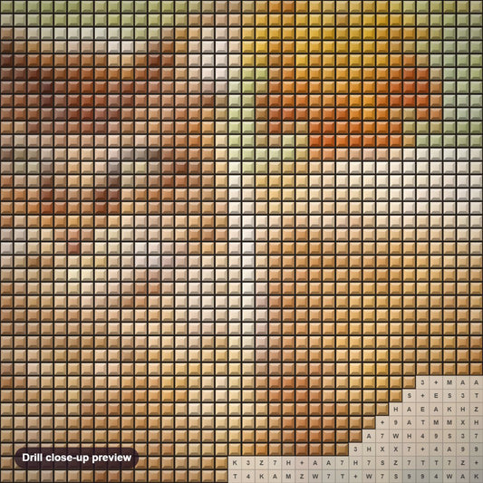 Close-up preview of the Ginger Cat diamond painting with square 5D drills and printed canvas symbols